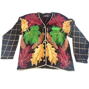 Bellepointe Vtg 90s Handmade Colorful Fall Leaf Cardigan Sweater Sz L Beaded